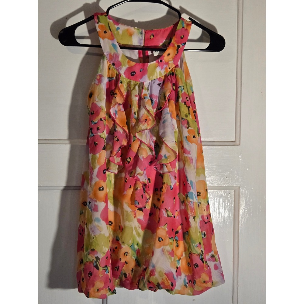 Cato Girl Floral Ruffle Halter Blouse Pink Orange Green Watercolor Top Size 8/10